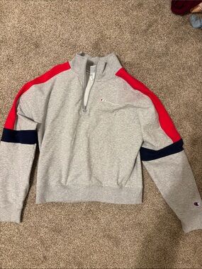 Champion Gray Quarter-Zip Sweatshirt with Red & Navy Panels